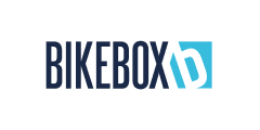 bikebox b - Das Logo hat den Schriftzug Bikebox in schwarzer Schrift - Daneben ist ein links geneigtes b in weißer Schrift mit blauer Umrandung