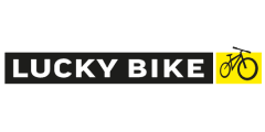 Lucky Bike - Das Logo zeigt Lucky Bike in weißem Schriftzug mit schwarzer Umrandung un einem weißen Hintergrund - Auf einem gelben Hintergrund ist ein Fahrrad zu sehen