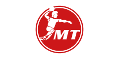 MT Melsungen - Das Logo zeigt einen Handballspieler in weißer Farbe mit den Schriftzug MT in weißer Schriftart und einem runden roten Hintergrund