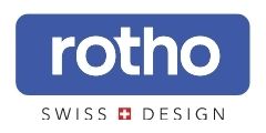 Rotho Swiss Design - Das Logo zeigt den Schriftzug von Rotho in weißer Schrift auf blauen Hintergrund - Darunter ist eine Schweiz Flagge mit Swiss Design als Schriftzug